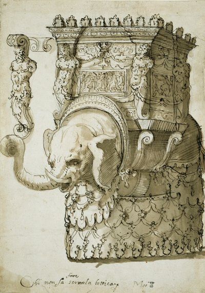 Design para um desfile de elefantes (caneta e tinta sobre papel) de Inigo Jones