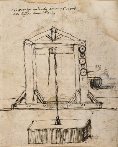 Diagrama para uma polia de elevação em alvenaria (caneta e tinta sobre papel) de Inigo Jones