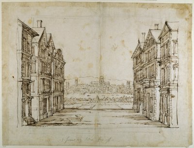 Casas inglesas com Londres e o Tamisa muito longe (caneta e tinta sobre papel) de Inigo Jones