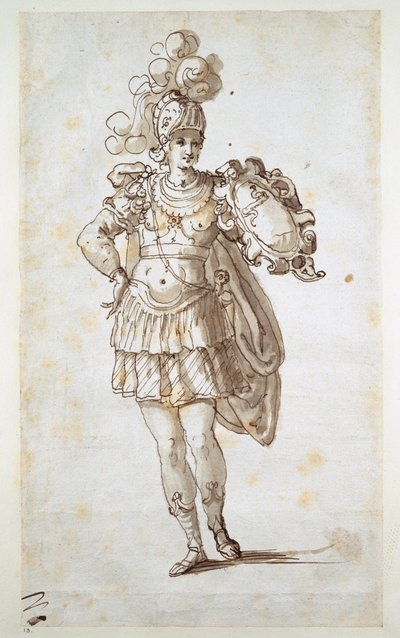 Cavaleiro ou escudeiro com um escudo (caneta e tinta sobre papel) de Inigo Jones