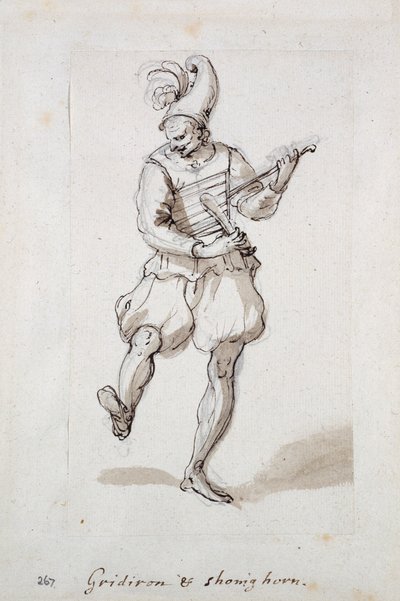 Homem com grelha de ferro e chifre de sapato (caneta e tinta sobre papel) de Inigo Jones
