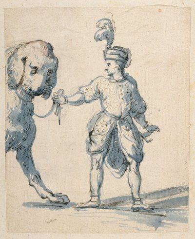 Anão polonês conduzindo um cão (caneta e tinta e lavagem em papel) de Inigo Jones