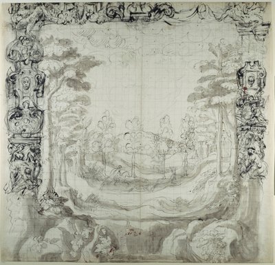 Proscênio e cena de caça (caneta e tinta sobre papel) de Inigo Jones