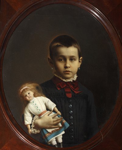 Retrato de uma menina com boneca na mão par Volkov, Iosif Petrovich (1854-após 1897). Óleo sobre tela de Iosif Petrovich Volkov