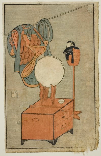 Penteadeira de um ator, de "A Picture Book of Stage Fans (Ehon butai ogi)" de Ippitsusai Bunchō