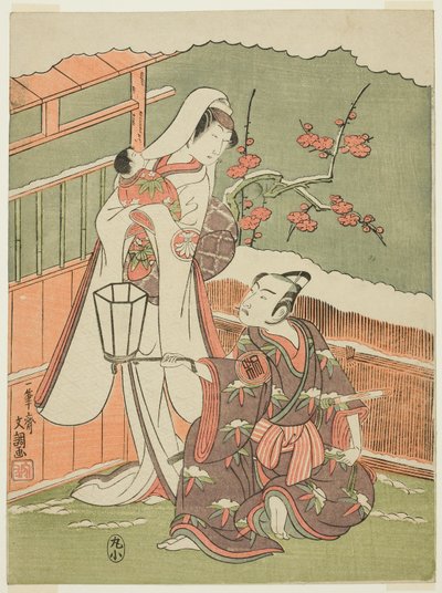 Actores Arashi Sangorô II asMinamoto no Yoritomo e Segawa Kikunojô II como a Mulher de Neve em "Cotton Wadding of Izu Protecting the Matrimonial Chrysanthemums" ("Myôto- giku Izu no Kisewata") de Ippitsusai Bunchō