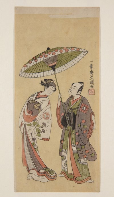Actores Ichikawa Yaoz? II como Soga no J?r? e Segawa Kikunoj? II como ?iso no Tora (impressão a cores de bloco de madeira) de Ippitsusai Bunchō