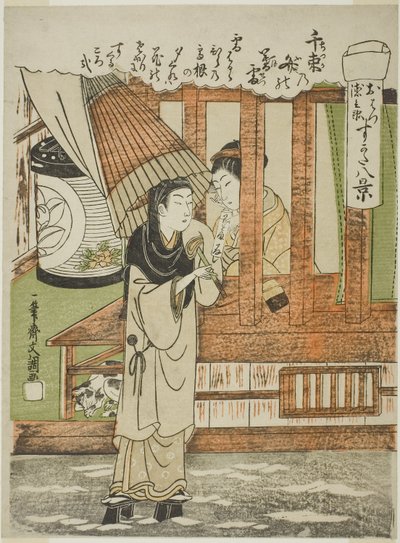 Chizuka no Fumi no Bosetsu (A Neve Nocturna dos Mil Feixes de Cartas de Amor), os amantes Ohatsu e Tokubei, da série "Sugata Hakkei (Oito Vistas dos Amantes)", c.1772 (xilogravura a cores; chuban) de Ippitsusai Bunchō