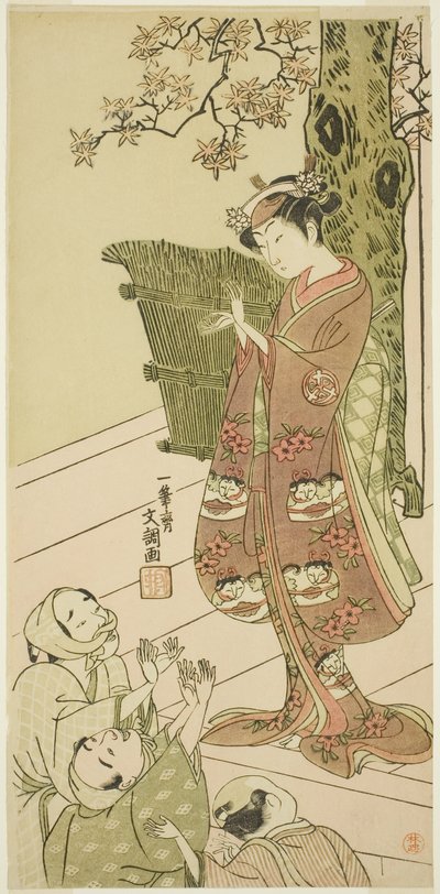 O ator Arashi Hinaji I, possivelmente como Yuya Gozen na peça Ima o Sakari Suehiro Genji (The Genji Clan Now at Its Zenith), apresentada no Teatro Nakamura desde o primeiro dia do décimo primeiro mês de 1768 de Ippitsusai Bunchō