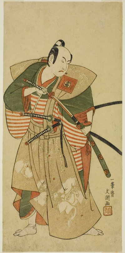 O Ator Ichikawa Komazo II como Kudo Saemon Suketsune (?) na Peça Haru wa Soga Akebono-zoshi (?), Realizada no Teatro Nakamura (?) no Primeiro Mês, 1772 (?) de Ippitsusai Bunchō