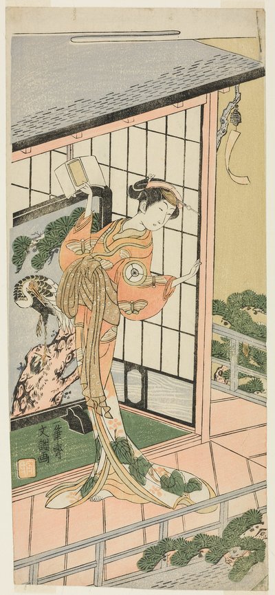 O ator Iwai Hanshiro IV como Okaru no sétimo ato da peça Chushingura (Tesouro dos Quarenta e sete leais retentores), realizada no Teatro Morita a partir do terceiro dia do quarto mês de 1769 de Ippitsusai Bunchō