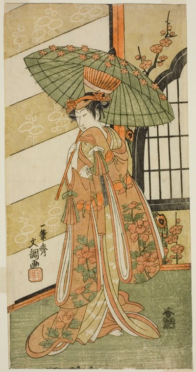 O ator Onoe Tamizo I como Nishikigi na peça Mutsu no Hana Ume no Kaomise, apresentada no Teatro Ichimura no décimo primeiro mês de 1769 de Ippitsusai Bunchō