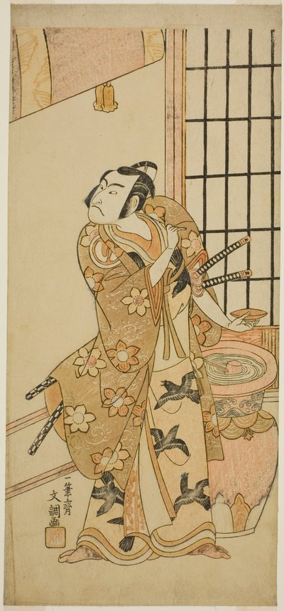 O Ator Sawamura Sojuro II como Kudo Suketsune (?) na Peça Edo no Hana Wakayagi Soga (?), Realizada no Teatro Ichimura (?) no Segundo Mês, 1769 (?) de Ippitsusai Bunchō