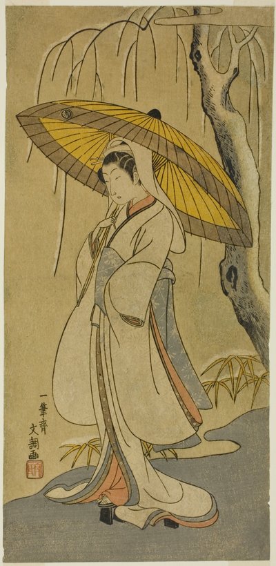 O ator Segawa Kikunojo II como a Garça Donzela na peça "Cotton Wadding of Izu Protecting the Matrimonial Chrysanthemums (Myoto-giku Izu no Kisewata)", apresentada no Teatro Ichimura a partir do primeiro dia do décimo primeiro mês de 1770 de Ippitsusai Bunchō