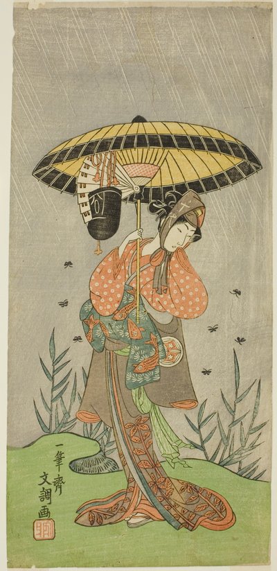 O Ator Yamashita Kinsaku II como Nijo no Kisaki (?) na Peça Natsu Matsuri Naniwa Kagami (?), Apresentada no Teatro Morita (?) no Sétimo Mês, 1770 (?) de Ippitsusai Bunchō