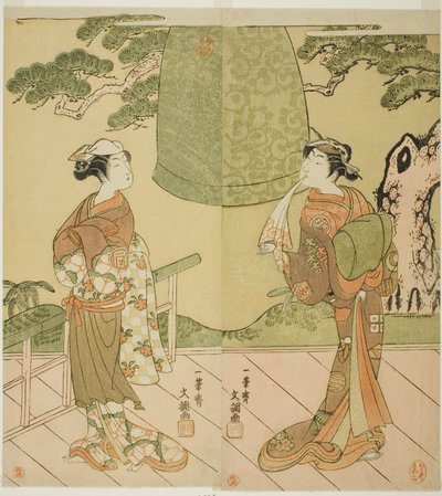 Os atores Ichimura Uzaemon IX como Shume no Hangan Morihisa (direita), e Sanogawa Ichimatsu II como Chujo (esquerda), na peça Edo no Hana Wakayagi Soga, apresentada no Teatro Ichimura no segundo mês, 1769 de Ippitsusai Bunchō