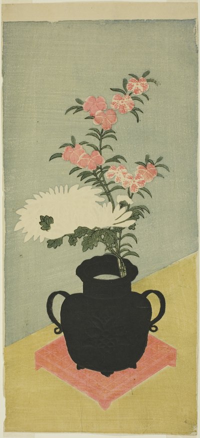 Crisântemos brancos e rosas em um vaso preto de Ippitsusai Bunchō