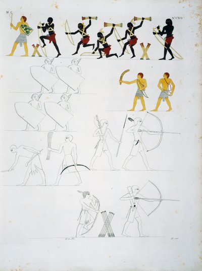 Cenas militares, soldados com arcos e flechas, de túmulos de Beni Hasan, Placa CXVIII, de monumentos do Egipto e Núbia: monumentos civis de Ippolito Rosellini