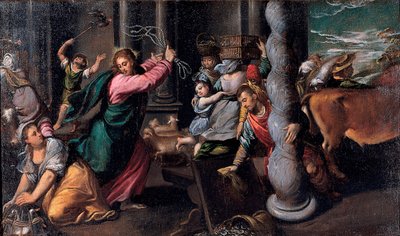Le Christ chassant les marchands du temple - Cristo conduzindo os financiadores do templo - Pintura de Ippolito Scarsellino (Scarsella) (1551-1620), Óleo sobre tela 1580-1585 (68x116 cm) - Musei Capitolini, Roma de Ippolito Scarcella