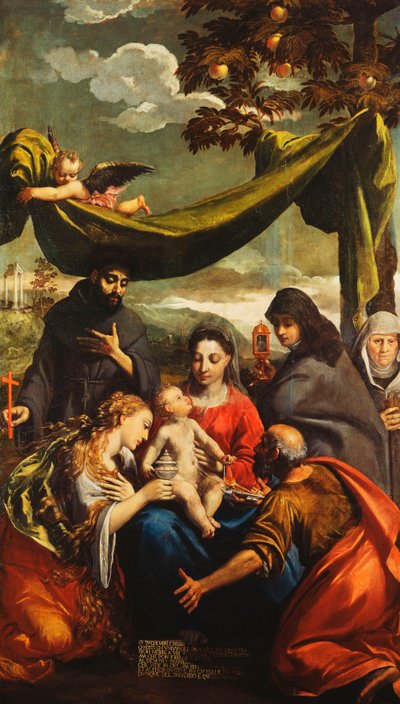 Madonna e criança com os santos Mary Magdelen, Peter, Clare e Francis e um retrato da abadessa de Ippolito Scarsella