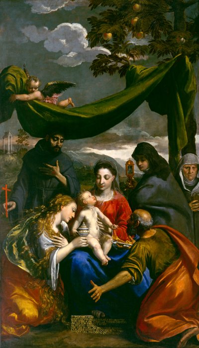 Virgem e menino com santos Maria Madalena, Pedro, Clara, Francisco e abadessa, c.1600 de Ippolito Scarsella