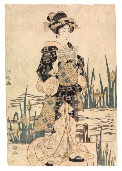 Senhora "bijin" a ler um jornal numa ponte, c.1811-17 (xilogravura a cores) de Ipposai Kuniyasu