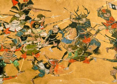 Dois painéis centrais que representam cenas da Batalha de Osaka, Japão, 2005 (foto) de Ira Block