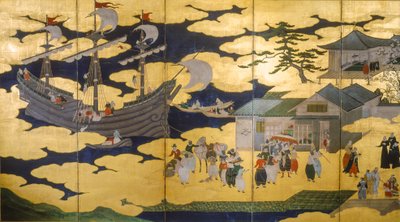 Samurai- Ecrã desdobrável de Namban Byobus- Bárbaros do Sul- Um navio português a entrar num porto japonês..., 2005 (foto) de Ira Block
