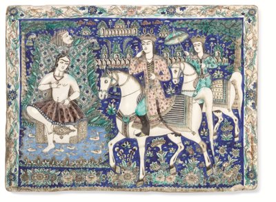Uma grande telha Qajar moldada e vidrada, Qajar Irão de Iranian School