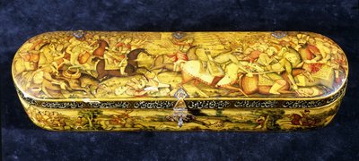 Uma caixa de caneta de papel machê, a parte superior pintada com a batalha de Chaldiran de Iranian School
