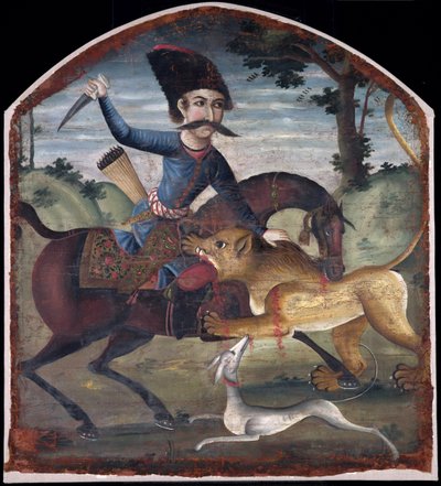 Caçador a cavalo atacado por um leão, meados do século XVIII (ver 200944) de Iranian School
