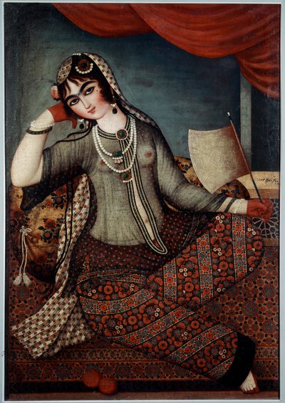 Arte Iraniana: Pintura "Rapariga no Fã" da Escola Shiraz de Iranian School