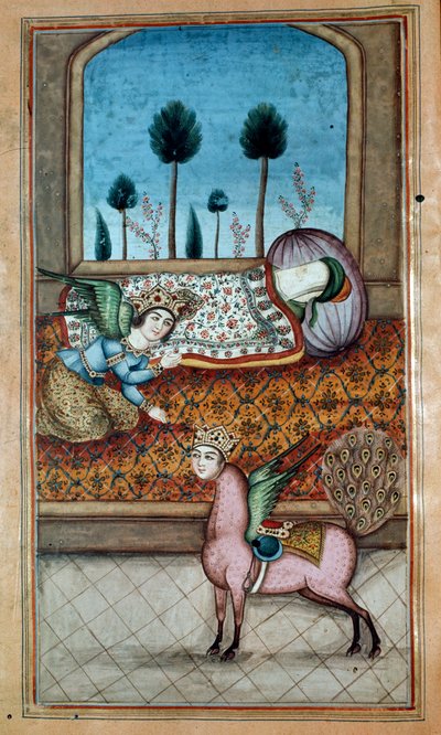 SENHORA. Nezami, Lailah e o Arcanjo Gabriel aparecem para o profeta adormecido e Al-Baruq, do poema épico de Nezami de Iranian School