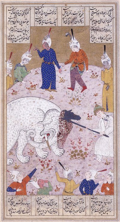 O jovem Rustem matando o elefante branco, c.1545 de Iranian School