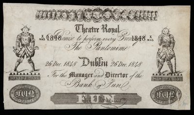 Anúncio de uma pantomima no Theatre Royal, Dublin, com base numa nota do Bank of Ireland de Irish School