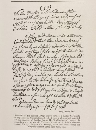 Primeiro certificado conhecido (irlandês) com um selo da Grande Loja, 1762 de Irish School