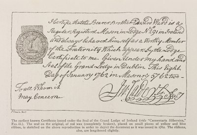 Facsimilie do mais antigo certificado conhecido emitido sob o selo da Grande Loja da Irlanda, datado de 1762 de Irish School