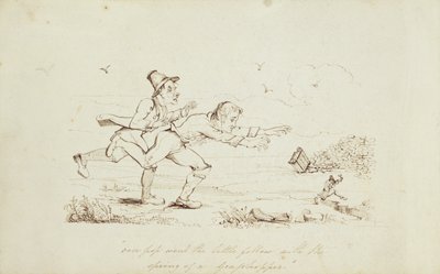 Sobre o Pop foi o pequeno companheiro com a Primavera de um gafanhoto, ilustração de livro mostrando dois irlandeses perseguindo um duende, século XIX (caneta e tinta no papel) de Irish School