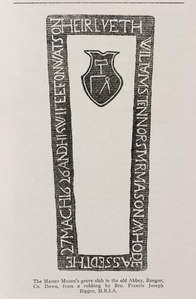 Imprima de uma laje de sepultura de maçons na antiga abadia, Bangor, Co. Down, datada de 1626 de Irish School