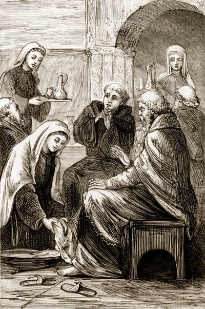 St. Brigit entretendo um bispo, de The Trias Thaumaturga, ou três santos trabalhadores da Irlanda, de Mary Cusack (1829-99), publicado em 1890 de Irish School