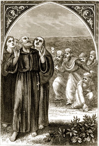 São Columba cantando, e atacado pelos druidas, de The Trias Thaumaturga, ou três santos trabalhadores da Irlanda, de Mary Cusack (1829-99), publicado em 1890 de Irish School