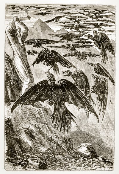 São Patrício e os pássaros demoníacos, de The Trias Thaumaturga, ou Três Maravilhas da Irlanda, de Mary Cusack (1829-1899), publicado em 1890 de Irish School