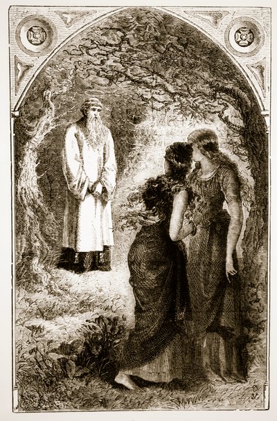 São Patrício encontrou-se com virgens no bosque de Fochlut, de The Trias Thaumaturga, ou "Três Santos da Obra-Maravilha da Irlanda", de Mary Cusack (1829-99), publicada em 1890 de Irish School