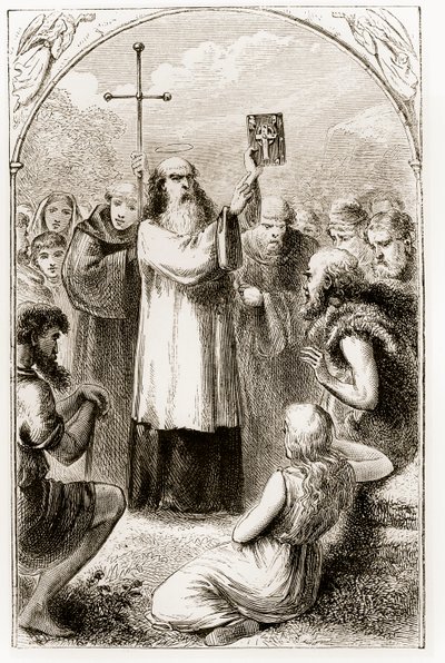 São Patrício mostrando ao povo da Irlanda os quatro evangelhos, de The Trias Thaumaturga, ou três santos trabalhadores da Irlanda, de Mary Cusack (1829-99), publicado em 1890 de Irish School