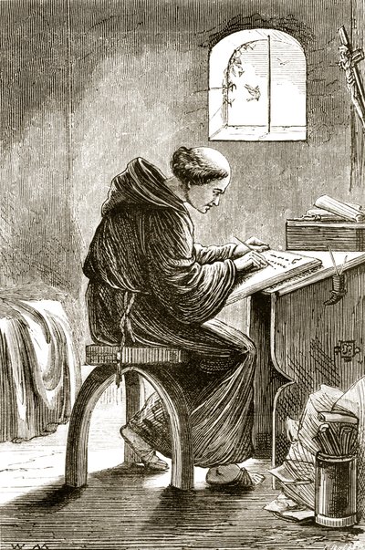 São Vicente, escrevendo em sua cela em Ferins, de The Trias Thaumaturga, ou Three Wonder-Working Saints of Ireland, de Mary Cusack (1829-99), publicado em 1890 de Irish School