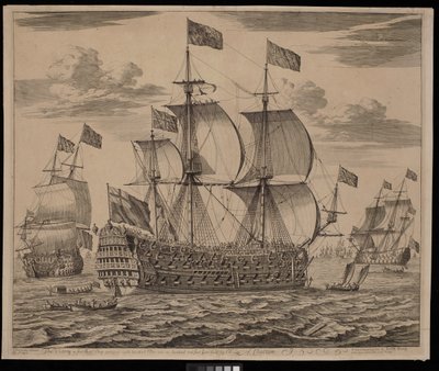 O Victory, um navio de primeira classe com oitocentos homens e cento e quatro canhões, construído pelo Sr. Lee de Chatham (gravura) de Isaac (after) Sailmaker
