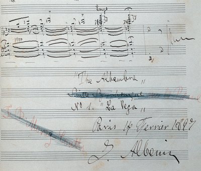 Partitura para a suite para piano “" La Vega "” com autógrafo de Isaac Albeniz (1860-1909), compositor e pianista espanhol. Data do manuscrito 14 de fevereiro de 1897. Biblioteca Nacional da Catalunha. de Isaac Albeniz