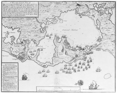 Um plano novo e preciso da cidade e do porto de Cartagena, mostrando a descida desse lugar pela frota britânica e forças terrestres, sob o comando dos almirantes Vernon e Ogle e do general Wentworth em março e abril de 1741... de Isaac Basire