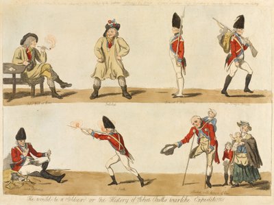 Ele seria um soldado ou a História da Expedição bélica de John Bulls, 1793 (gravura colorida) de Isaac Cruikshank