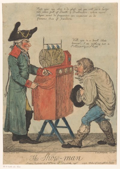 Homem com um armário de visualização The Show Man (título no objeto) de Isaac Cruikshank